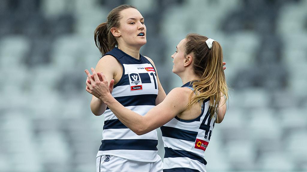 2019_08_25_VFLW_HERO.jpg Georgia Clarke celebrates kicking one of her three goals against the Blues. - Geelong Cats